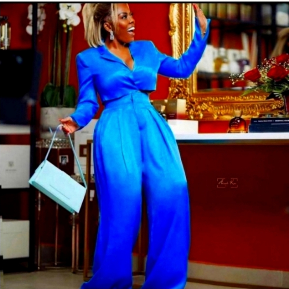 Zara Satin Effect Wide Pants Trousers Blue - Picture 7 of 13